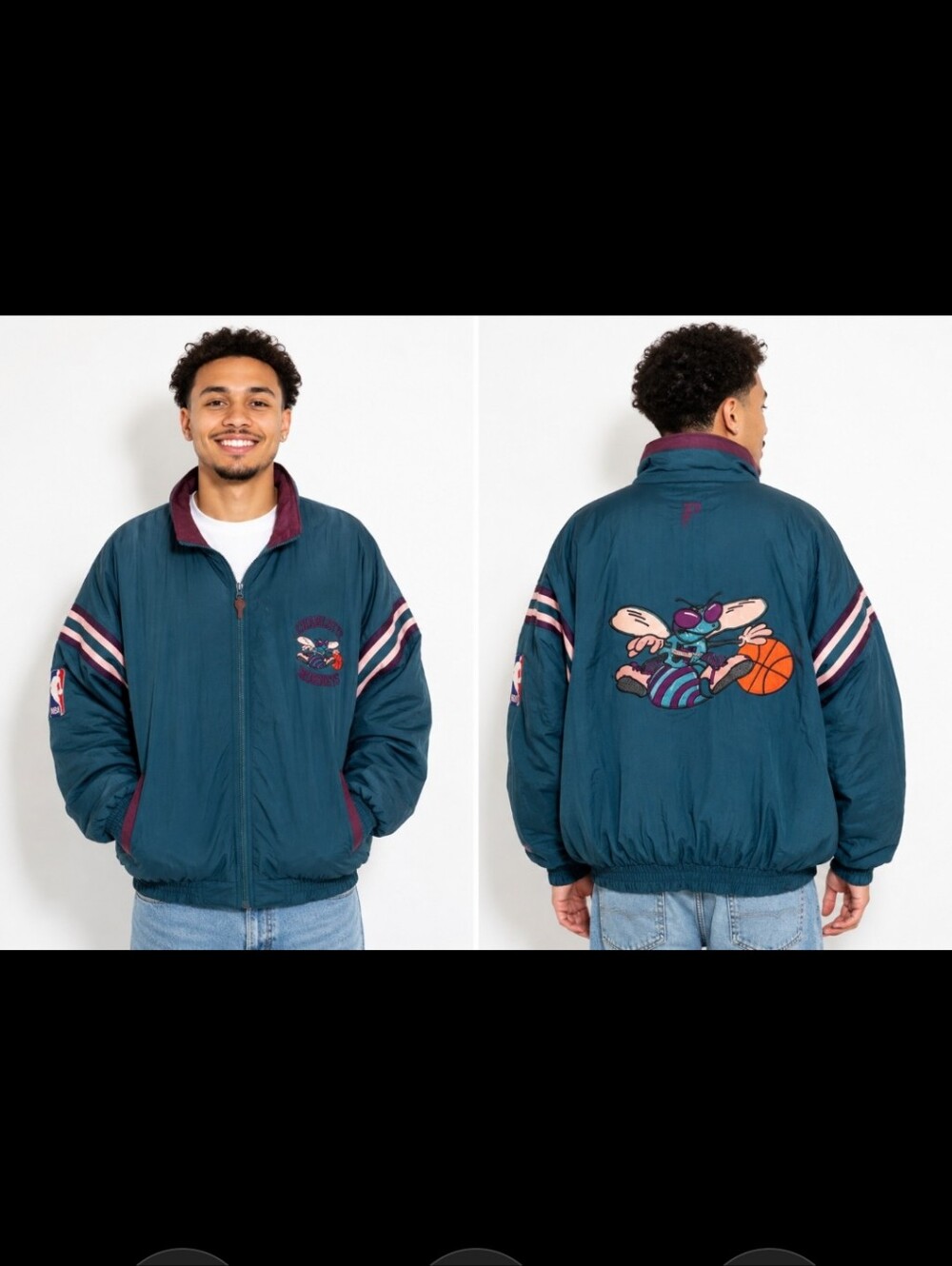 Vtg Charlotte Hornets Mascot Reversible  Full Zip Teal/Blk Nylon PufferJacket XL